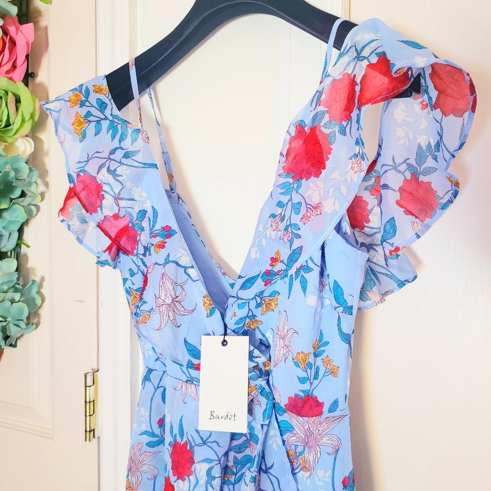 New BARDOT Chiffon Floral Print Maxi Dress XS Midi Slit Ruffle - Picture 8 of 13
